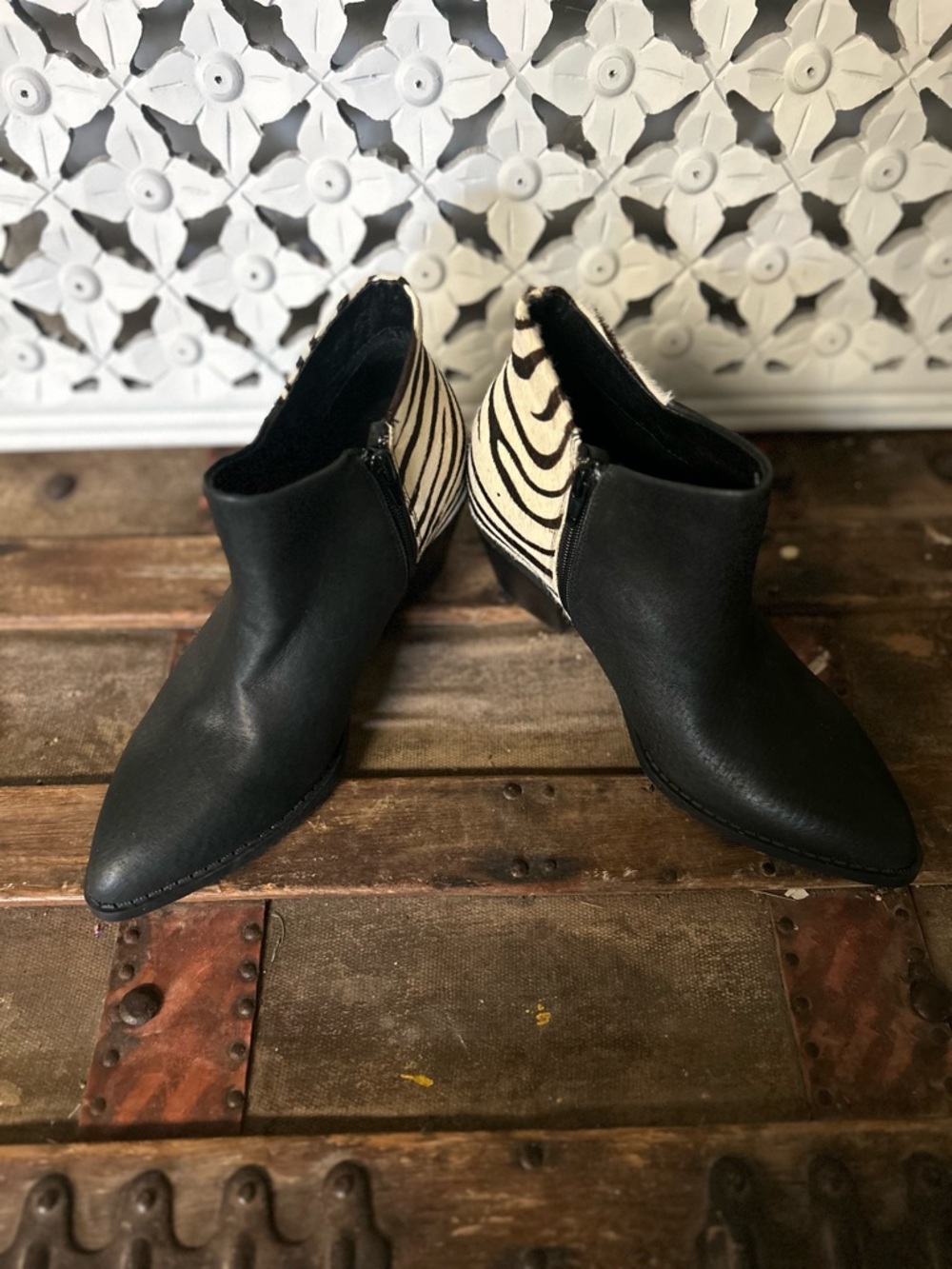 Yellow Box Leather Black Ankle Boots with Zebra-Print‎ Heel Panel